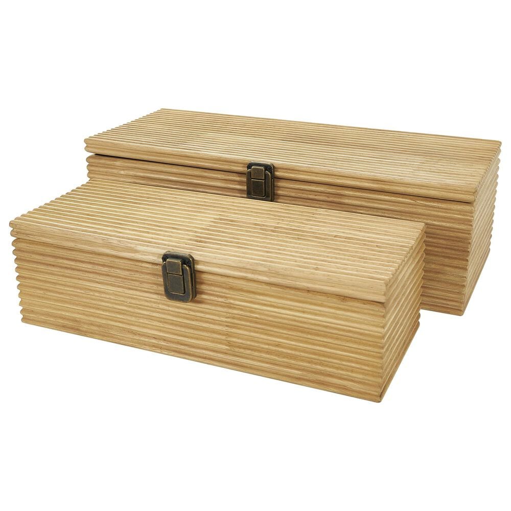 Maple and Jade 2-Piece Carved Linear Decorative Box Set in Light Brown, , large