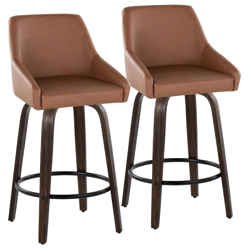 LumiSource Hannah Swivel Counter Stool with Camel Faux Leather Upholstery in Walnut and Black (Set of 2), , large