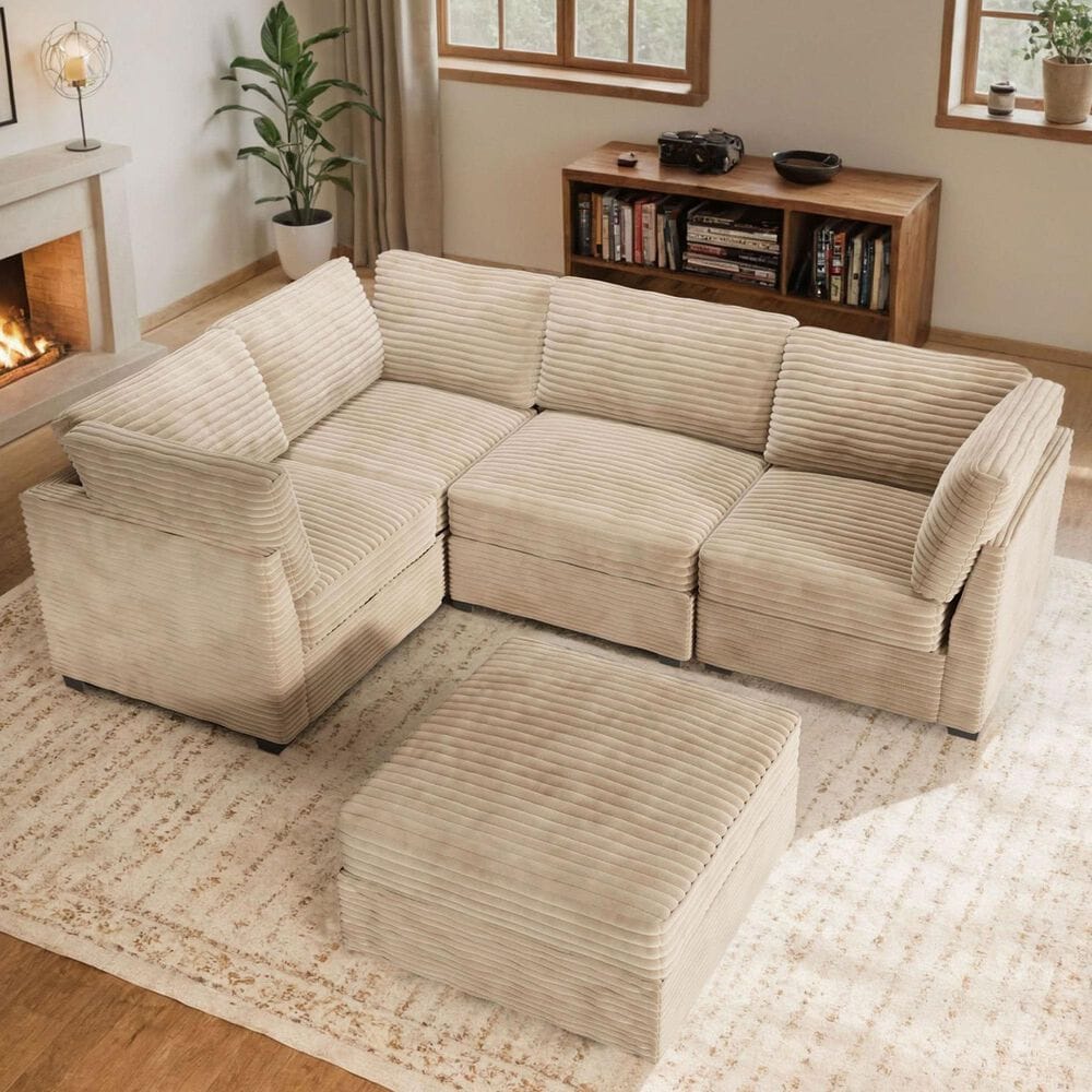 HOMLUX 5-Piece Mod Sectional with Chaise in Beige, , large