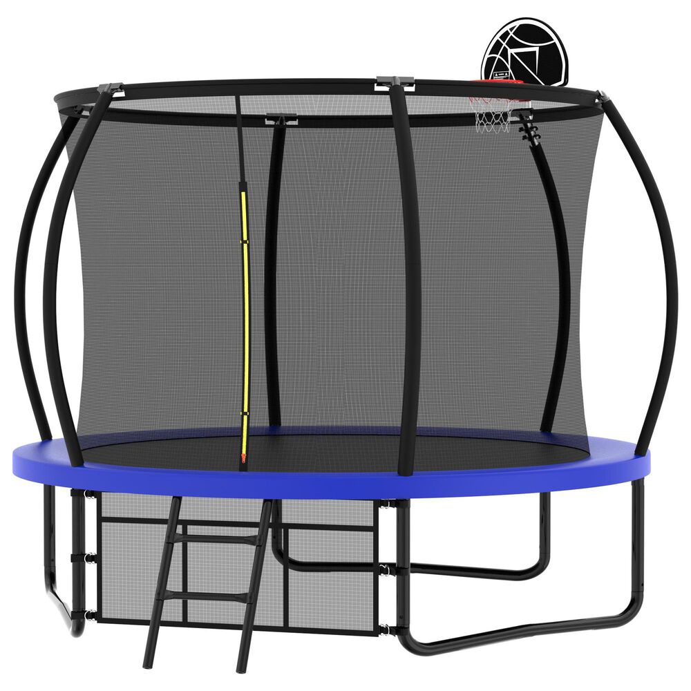 HOMLUX 10" Outdoor Trampoline with Enclosure Net and Ladder in Blue, , large