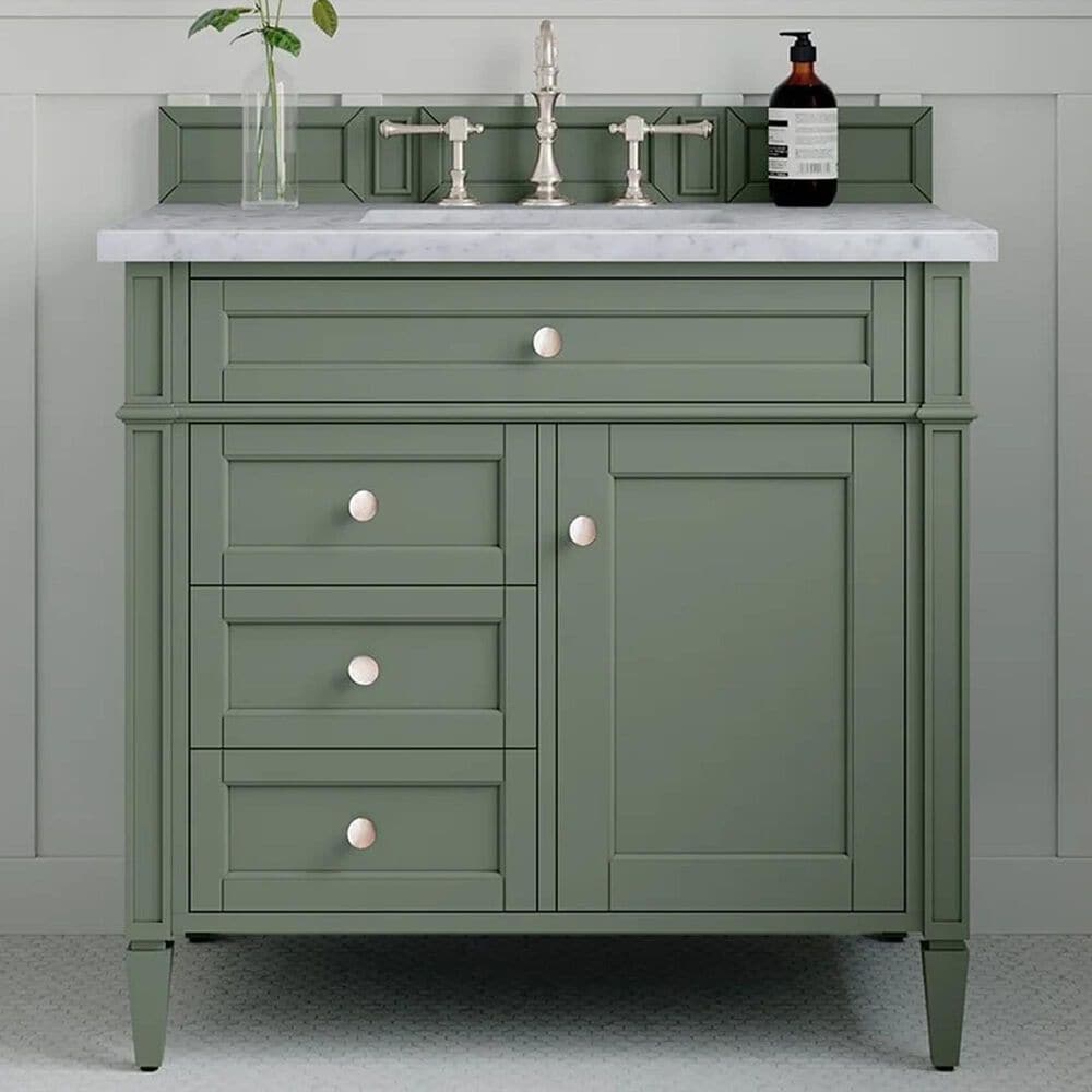James Martin Vanities Brittany 36" Single Bathroom Vanity in Smokey Celadon with 3 cm Carrara White Marble Top and Rectangular Sink, , large