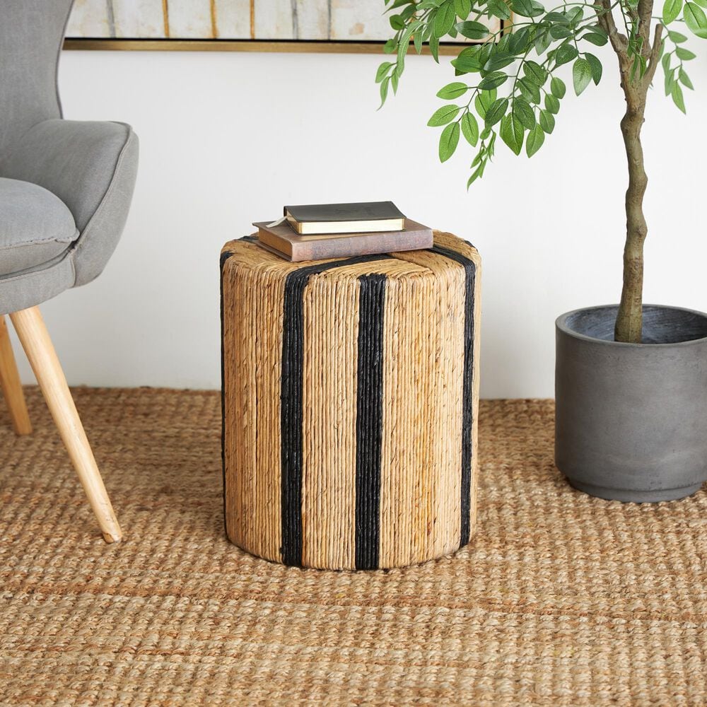 Maple and Jade Banana Leaf Drum Linear Wrapped End Table in Brown and Navy Blue, , large