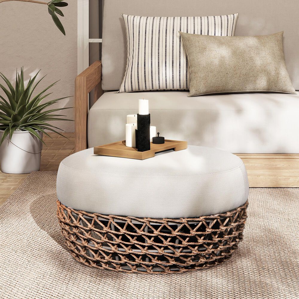 Hearth and Haven Willow 25" Round Patio Ottoman with Golden Brown Wicker Frame in Beige, , large