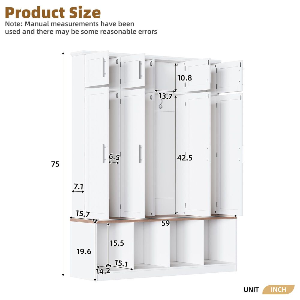 HOMLUX 4-Hook Hall Tree with 8-Door in White and Walnut, , large