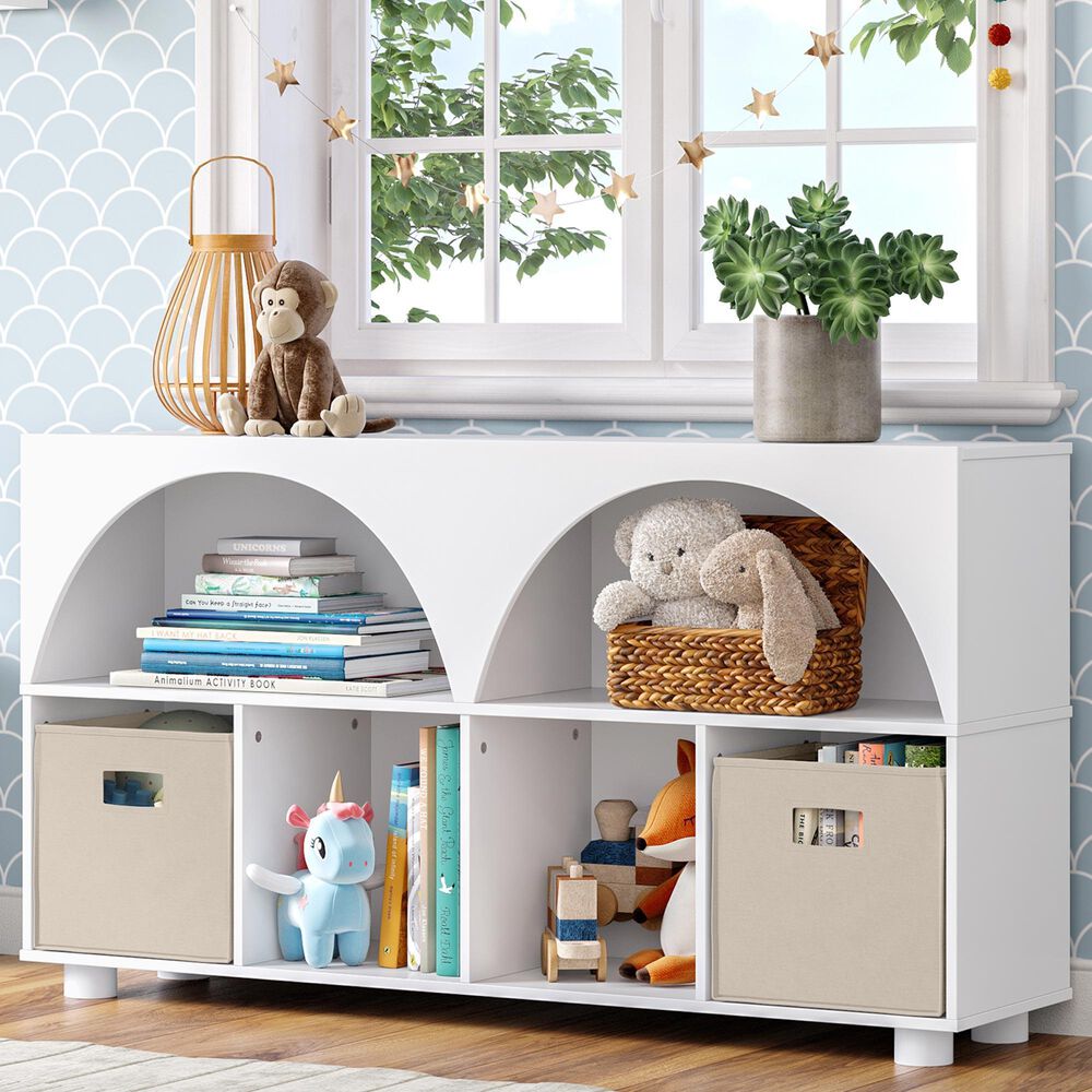 RiverRidge Home Kids Curve Appeal 46" 4-Cubby Bookcase with 2 Taupe Bins in White, , large