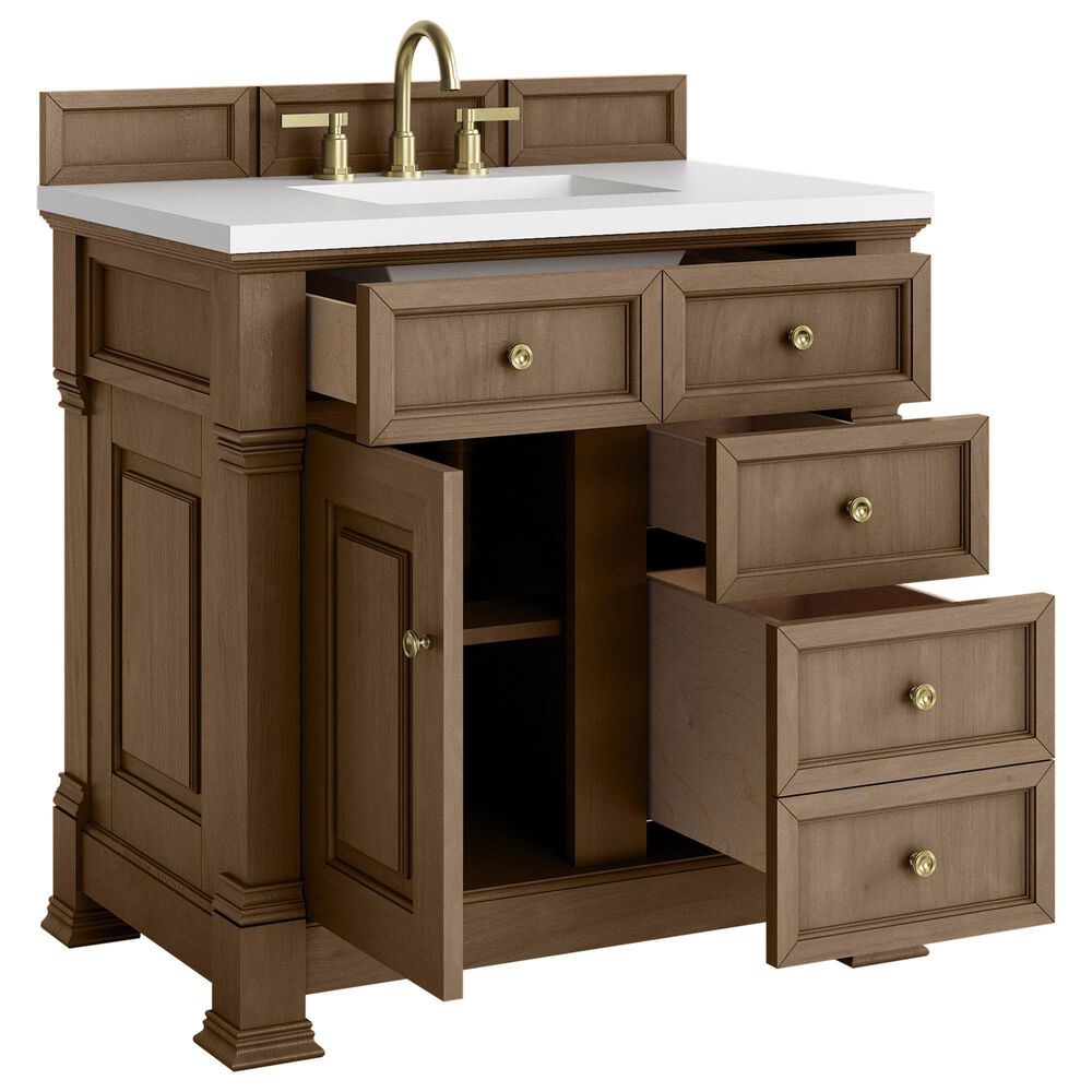 James Martin Vanities Brookfield 36&quot; Single Bathroom Vanity in Pecan with 3 cm White Zeus Quartz Top and Rectangular Sink, , large