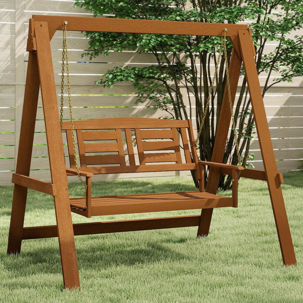 HOMLUX 2-Seat Outdoor Porch Swing Bench Meranti Wood Chair with Stand in Teak Oil, , large