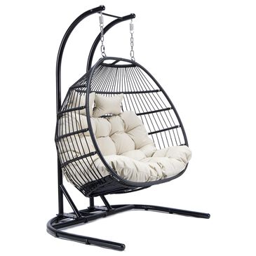 Leisuremod Patio 2-Seat Double Folding Hanging Egg Swing Chair with Beige Cushion in Black, , large