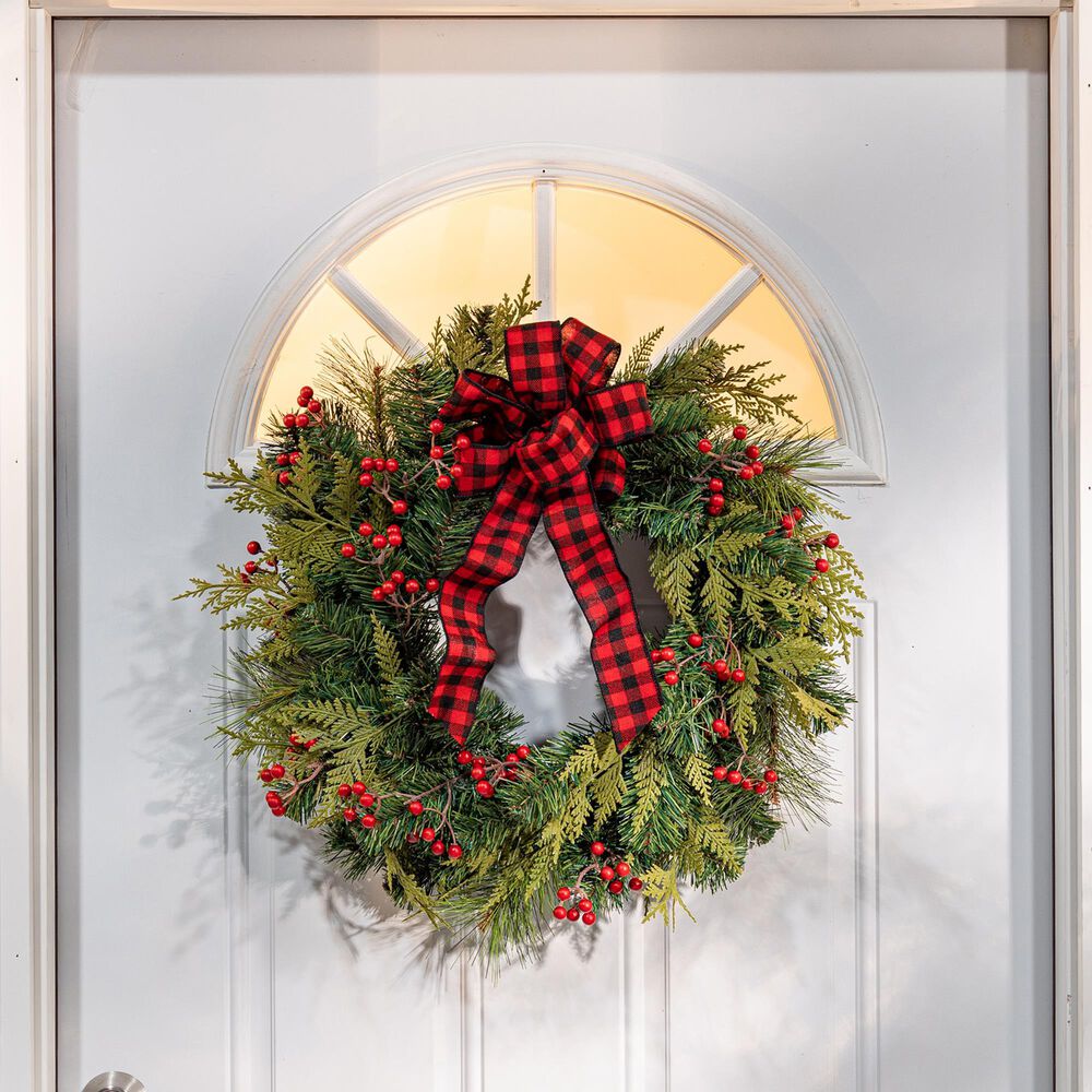 The Gerson Company 24&quot; Holiday Pine Wreath with Berries, Bow in Green, Red and Black, , large