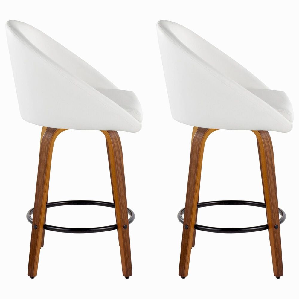 LumiSource Matisse 26" Swivel Counter Stool with White Faux Leather Upholstery in Walnut and Black (Set of 2), , large
