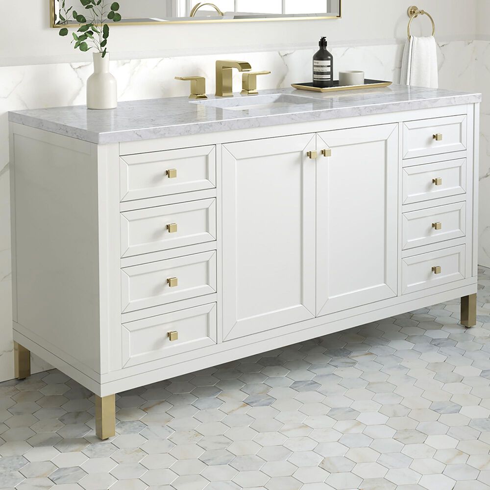 James Martin Vanities Chicago 60&quot; Single Bathroom Vanity in Glossy White with 3 cm Carrara White Marble Top and Rectangular Sink, , large