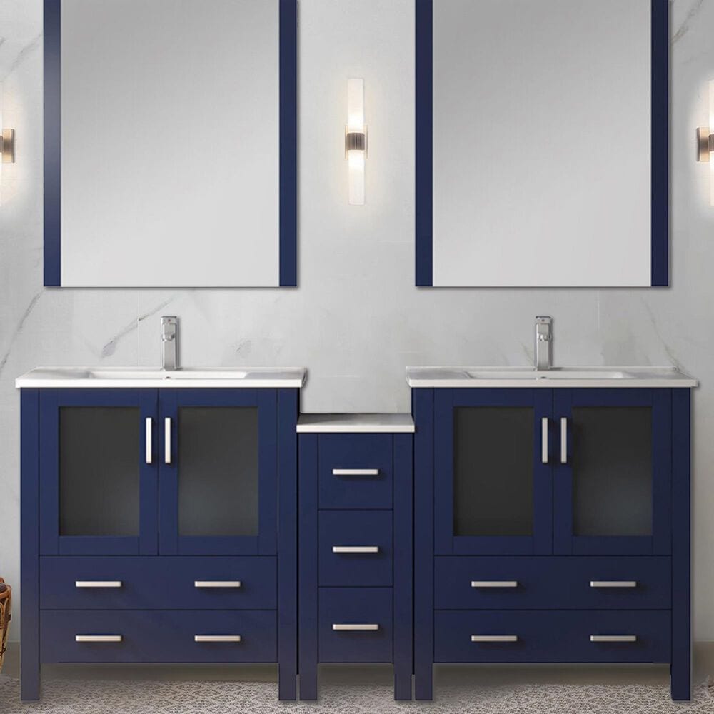 Lexora Home Volez 72" Double Bathroom Vanity in Navy Blue with 2 cm White Ceramic Top, Rectangular Sinks and Side Cabinet, , large