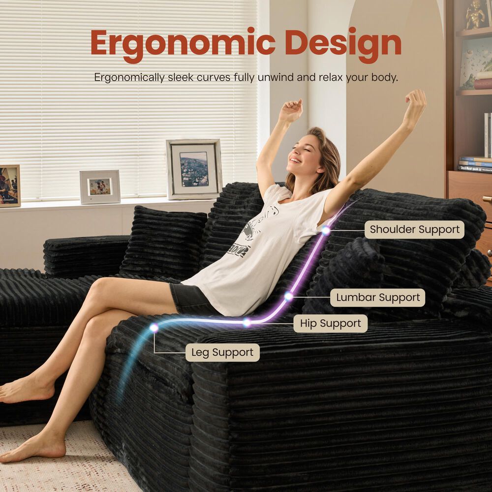 HOMLUX 105.5" Zero Assembly Sofa with Ergonomic Chaise Sectional in Black, , large