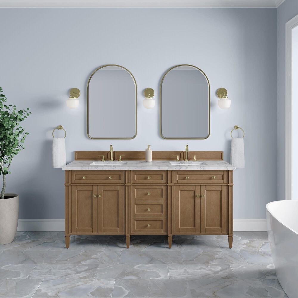 James Martin Brittany 72" Double Bathroom Vanity in Pecan with 3 cm Carrara Marble Top and Rectangular Sinks, , large