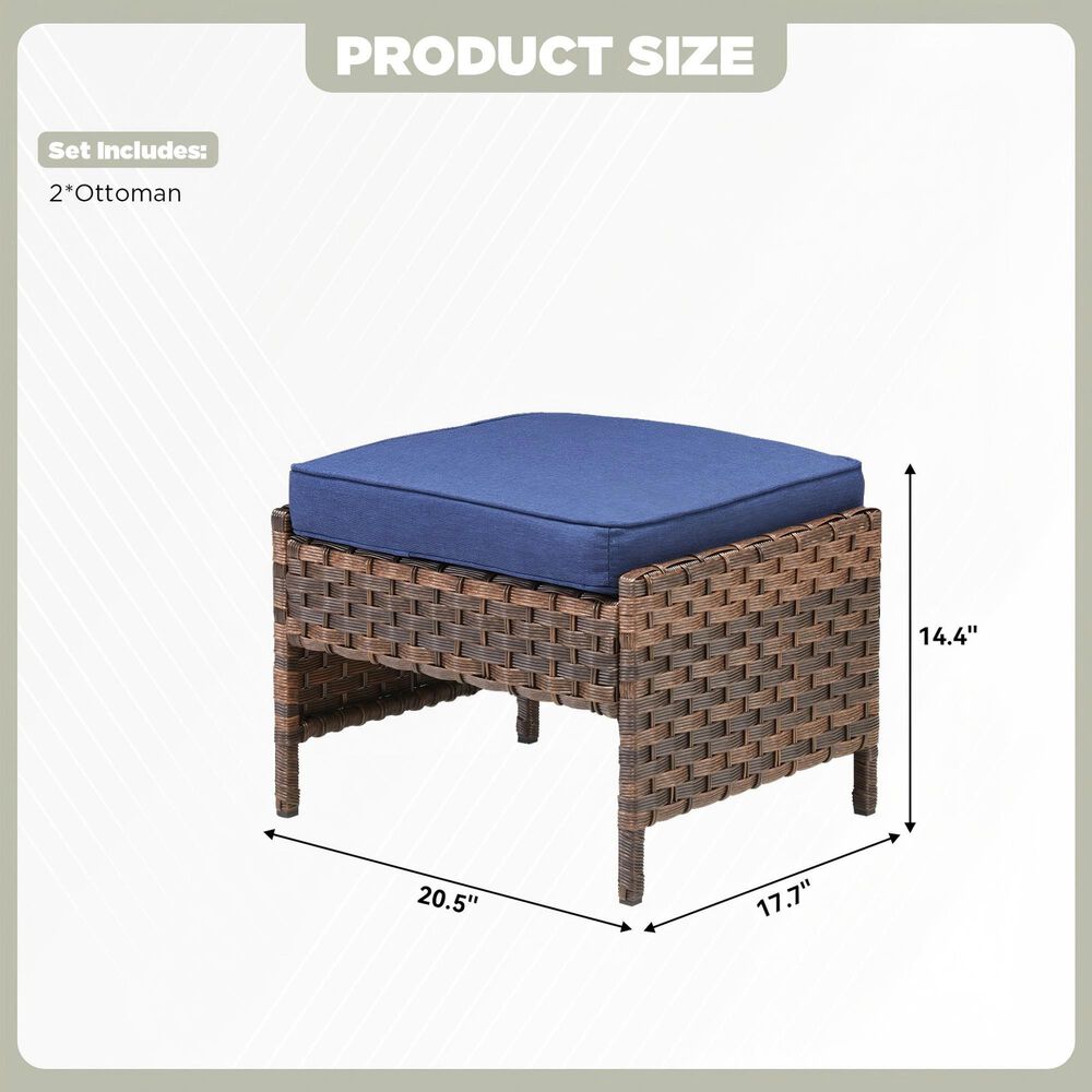 Sunwell Garden 14.4" Ottoman with Navy Cushion in Brown (Set of 2), , large