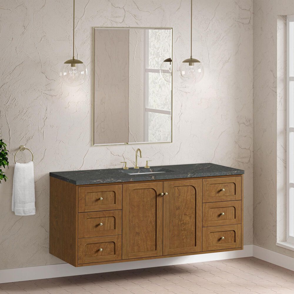 James Martin Laurent 60" Single Bathroom Vanity in Honey Oak with 3 cm Parisien Bleu Silestone Top and Rectangular Sink, , large