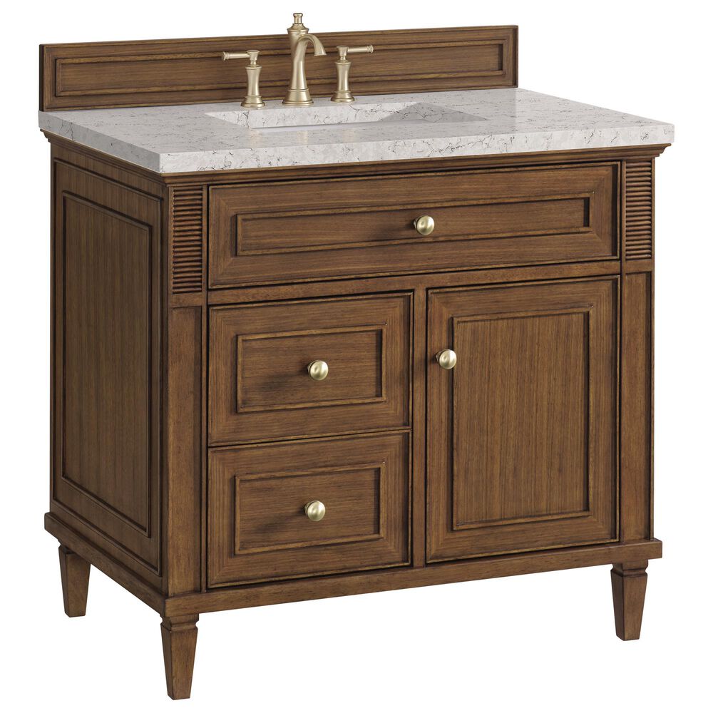 James Martin Vanities Lorelai 36" Single Vanity in Mid-Century Walnut with 3 cm Eternal Jasmine Pearl Quartz Top, , large