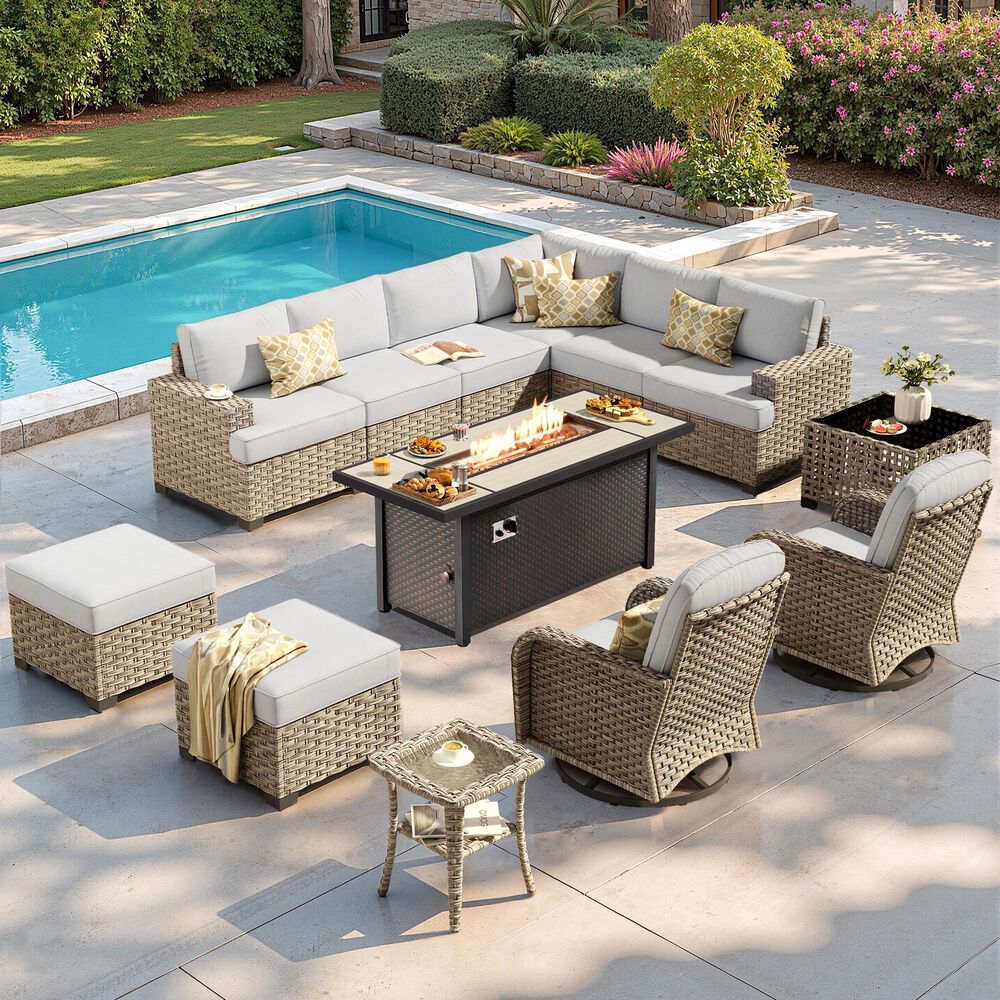 HOMLUX 13-Piece Patio Conversation Set with 54" Fire Pit Table in Light Gray, , large