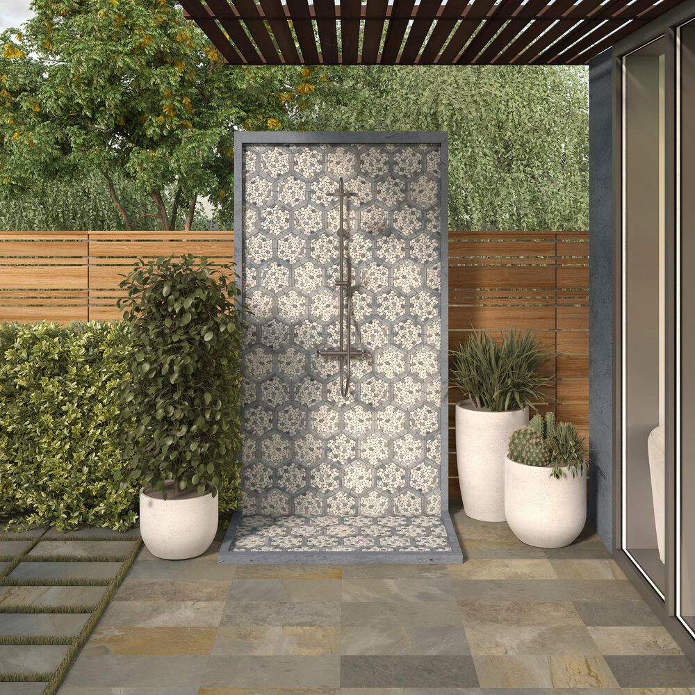 Dal-Tile Pebble Oasis Harbor 12&quot; x 10&quot; Framed Hexagon Natural Stone Mosaic Sheet, , large
