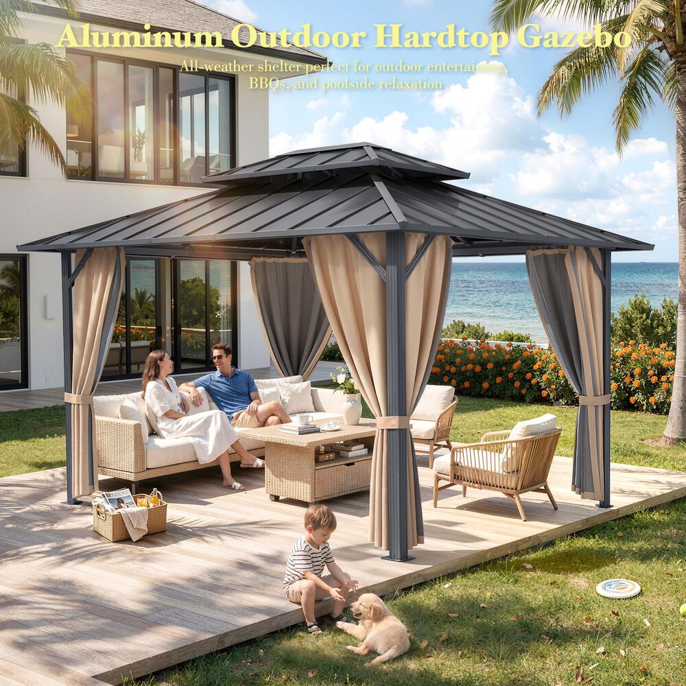 HOMLUX 10' x 12' Patio Hardtop Gazebo with Aluminum Posts in Khaki, , large