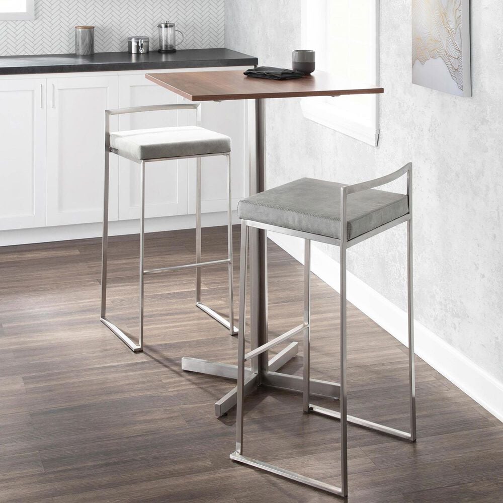 LumiSource Fuji 30" Stacker Bar Stool with Light Grey Cowboy Upholstery in Stainless Steel (Set of 2), , large