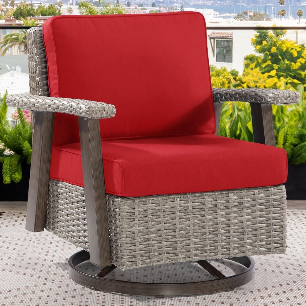 Sunwell Garden Patio Outdoor Swivel Chair with Light Gray Wicker in Red, , large