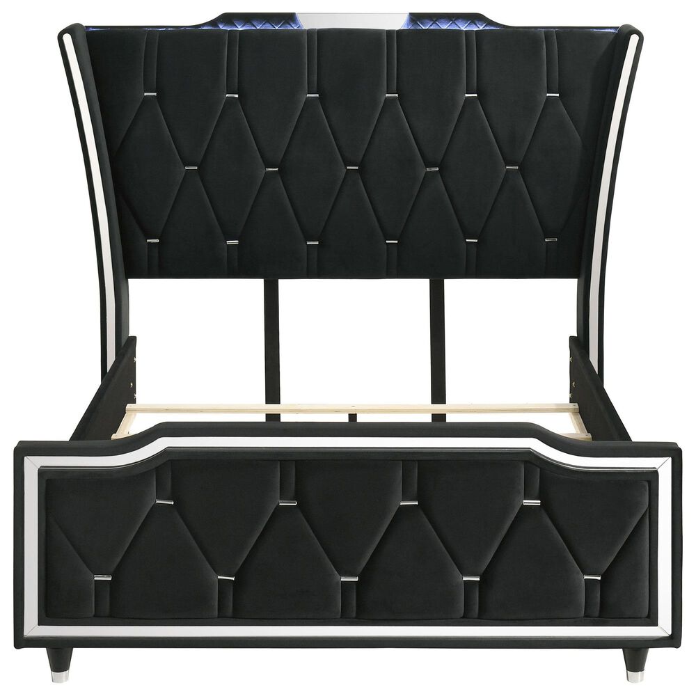 Pacific Landing Lorient Queen Upholstered Wingback Bed in Black with LED Lights, , large