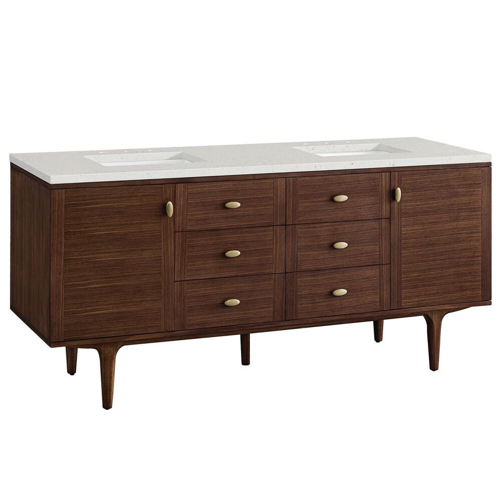 James Martin Vanities Amberly 72" Double Bathroom Vanity in Mid-Century Walnut with Single Hole 3 cm White Zeus Quartz Top and Rectangular Sinks, , large