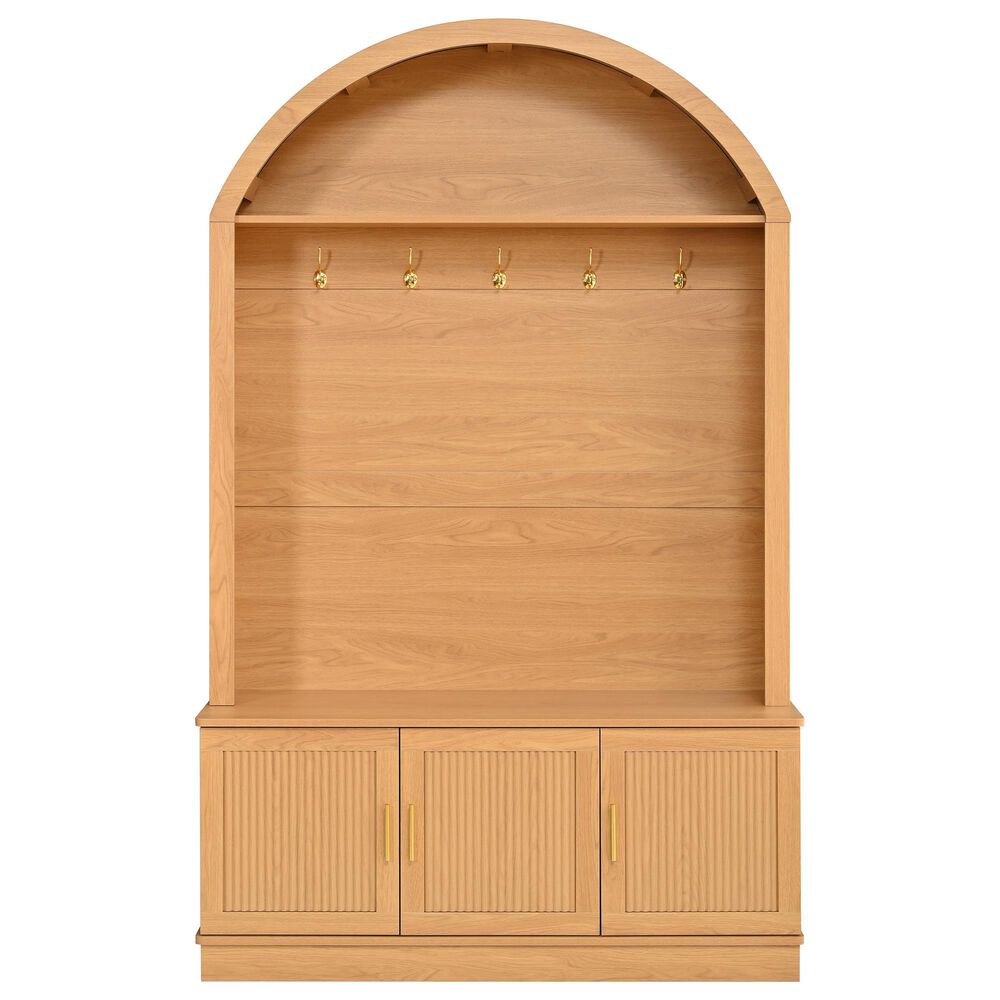 HOMLUX Farmhouse Fabric Arched Top Hall Tree with 5 Metal Hooks and Adjustable Shelves in Natural, , large