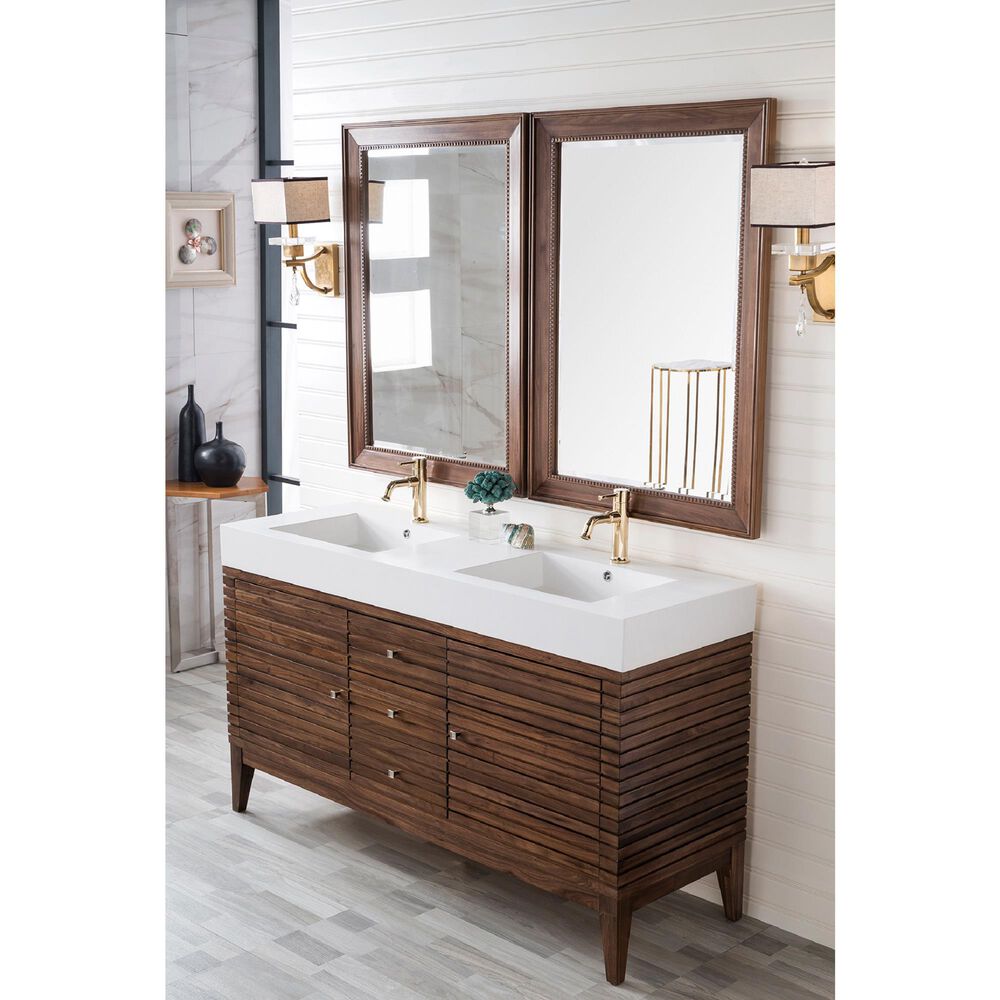 James Martin Vanities Linear 59&quot; Double Bathroom Vanity in Mid Century Walnut with 15 cm Glossy White Solid Surface Top and Rectangular Sinks, , large