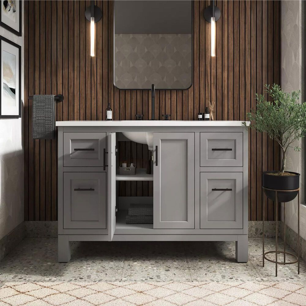 Kohler Quo 48&quot; Single Bathroom Vanity in Mohair Grey with 3 cm Pure White Quartz Top and Oval Sink, , large