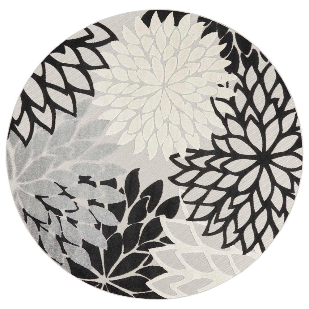 Nourison Aloha Floral 5"3" Round Black and White Indoor/Outdoor Area Rug, , large