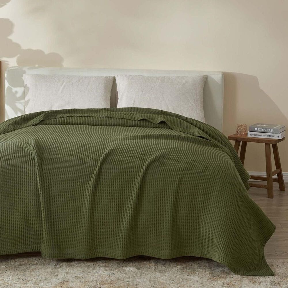 Trade Linker Full/Queen Waffle Weave Knit Throw Blanket in Olive, , large