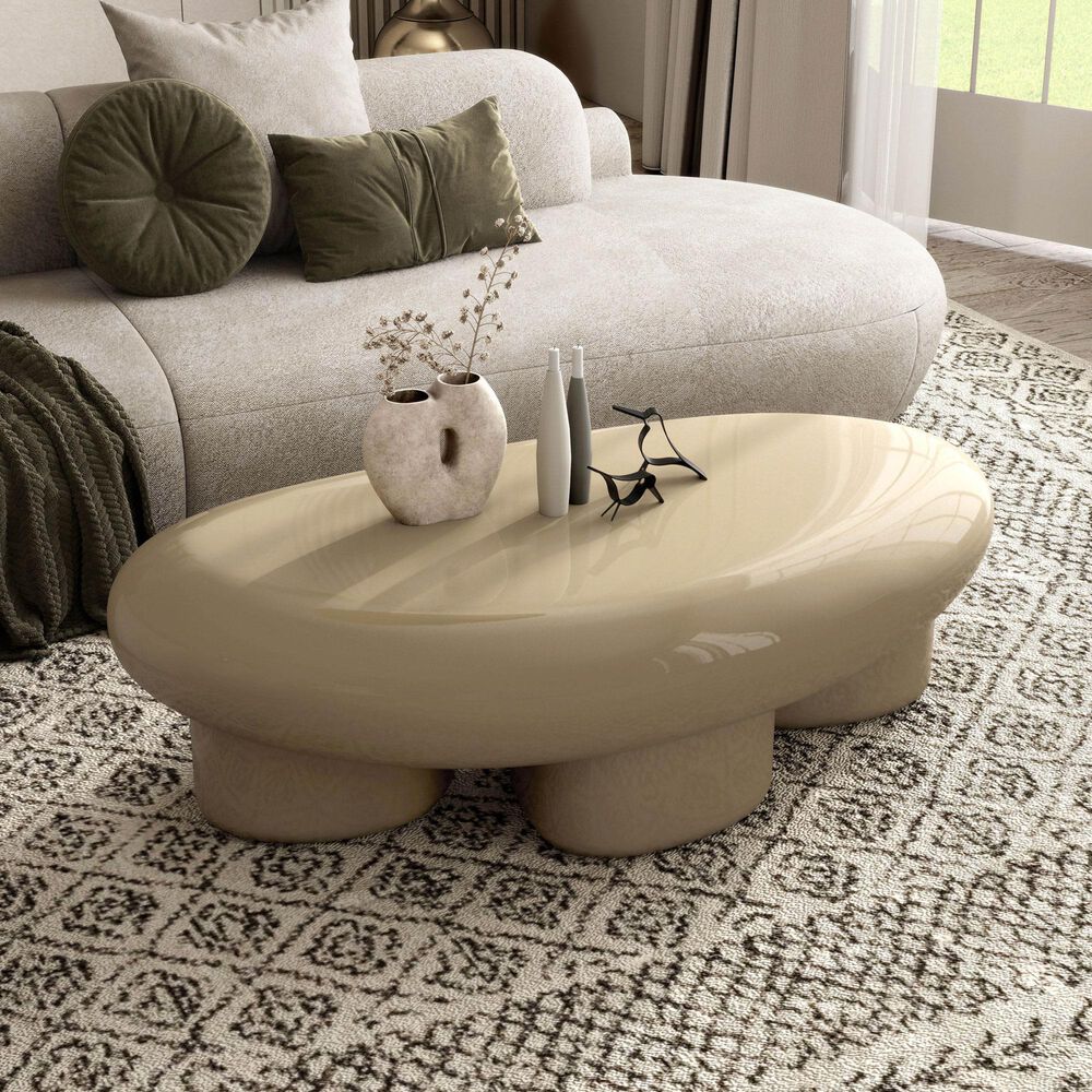 Furniture of America Rene Low Profile Glossy Coffee Table in Light Brown, , large