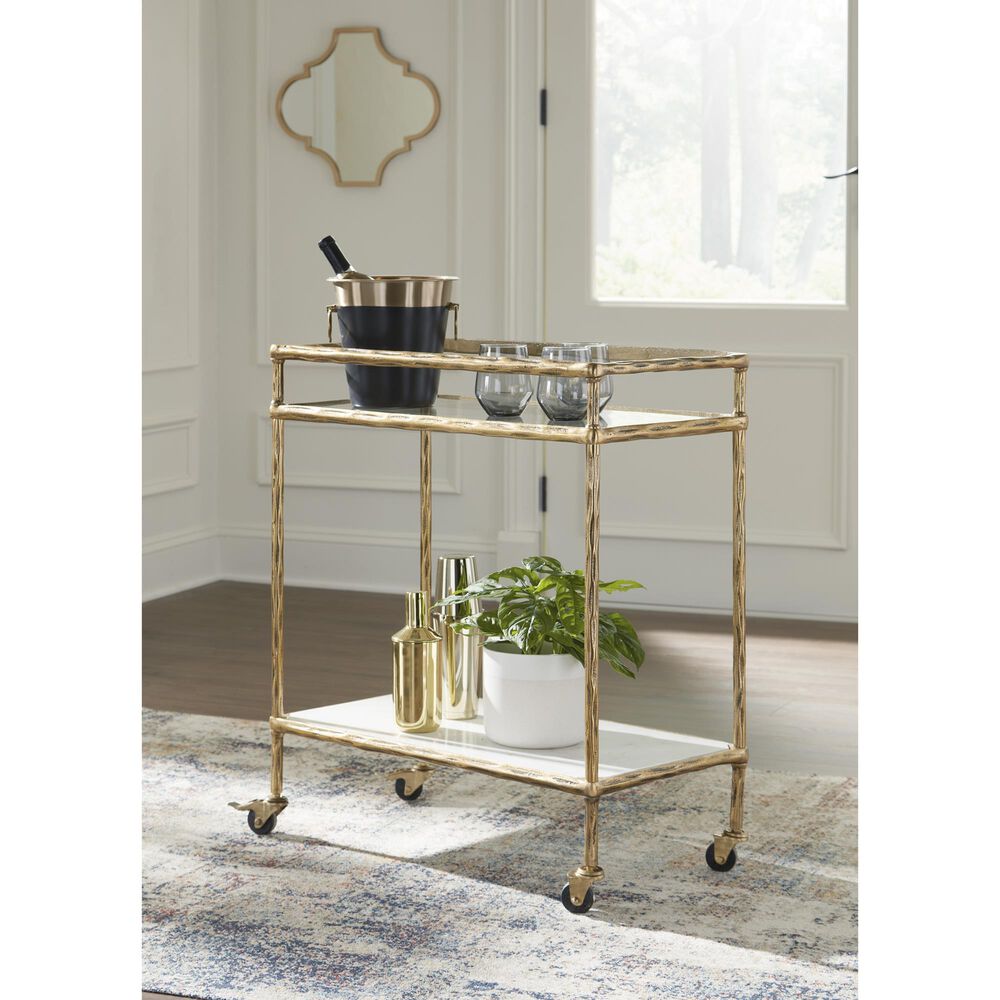 Ashley Plattfield Bar Cart in Antique Brass, White and Clear, , large