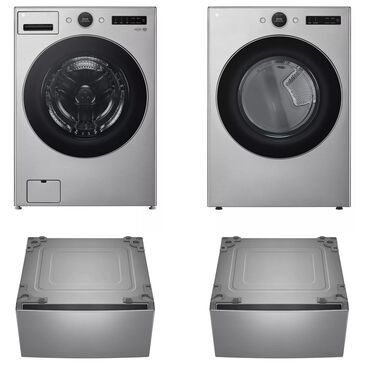 LG Front Load Washer and Electric Dryer with Pedestal in Stainless Still, , large