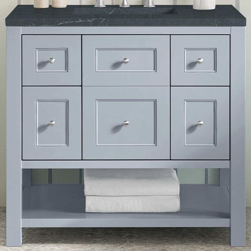 James Martin Vanities Breckenridge 36&quot; Single Bathroom Vanity in Serenity Blue with 3 cm Charcoal Soapstone Quartz Top and Rectangular Sink, , large