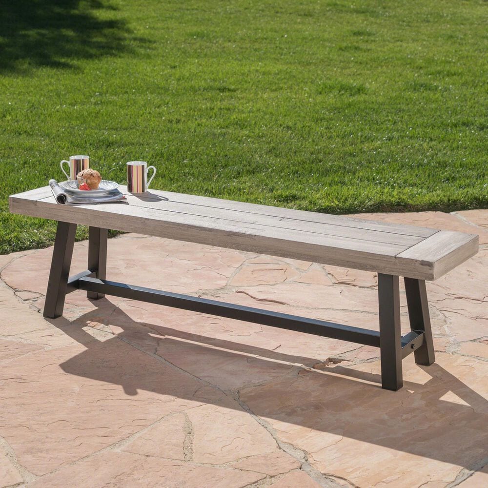 Hearth and Haven 63&quot; Dining Bench in Light Grey Sandblast and Black Rustic, , large