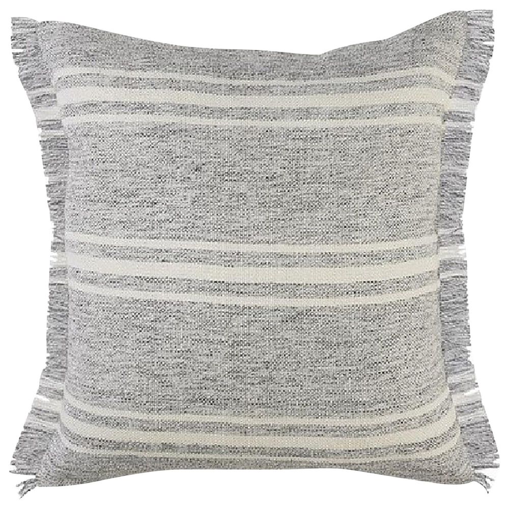 L.R. RESOURCES 24" x 24" Stripe Outdoor Throw Pillow with Fringe in Gray and White, , large