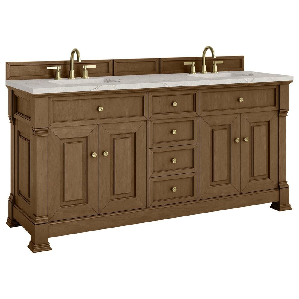 James Martin Vanities Brookfield 72" Double Bathroom Vanity in Honey Oak with 3cm Victorian Silver Quartz Top and Rectangular Sinks, , large