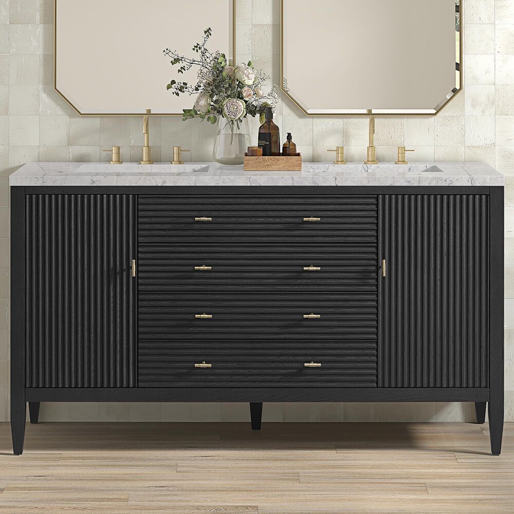 James Martin Vanities Myrrin 60&quot; Double Vanity in Carbon Oak with 3 cm Eternal Jasmine Pearl Quartz Top, , large