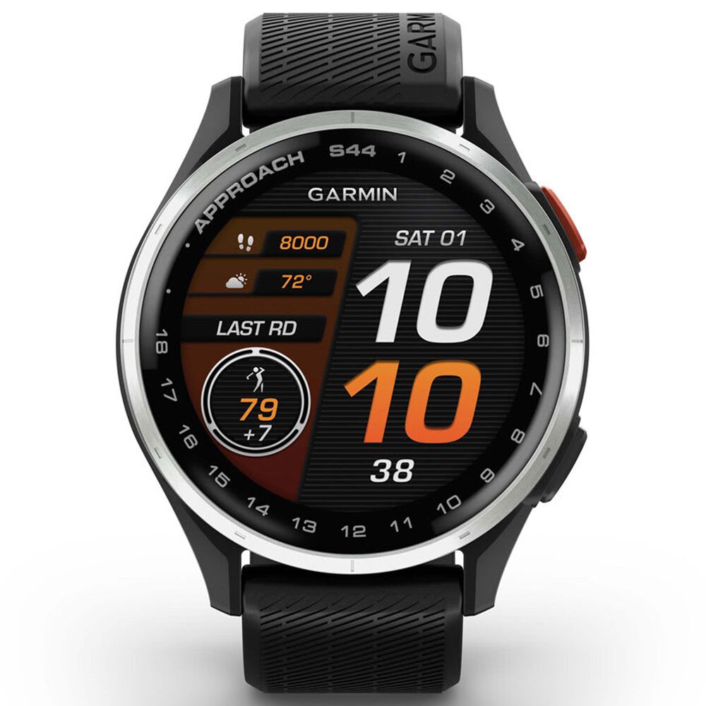 Garmin Approach S44 43mm Golf Smartwatch Silver Aluminum Bezel Case with Black Silicone Band, , large