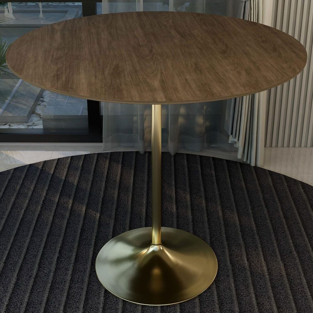 Leisuremod LeisureMod Verve Collection Modern Bar Height Table Brushed Gold Base with 48 Round Dark Walnut MDF Top, , large
