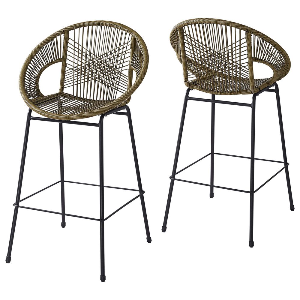 Hearth and Haven Ferrara Outdoor Faux Wicker Barstool in Green (Set of 2), , large