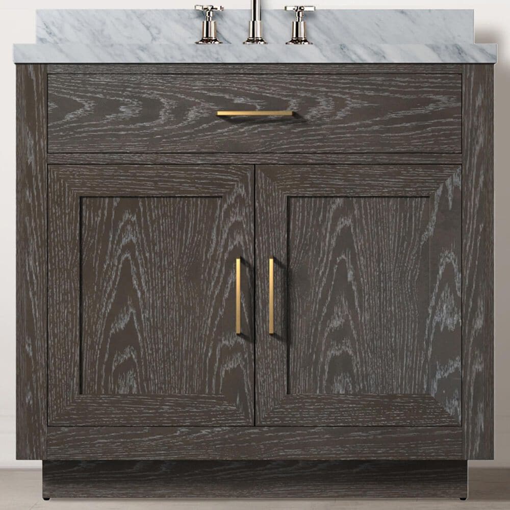 Lexora Home Abbey 36&quot; Single Bathroom Vanity in Brown Oak with 2 cm White Carrara Marble Top and Rectangular Sink, , large