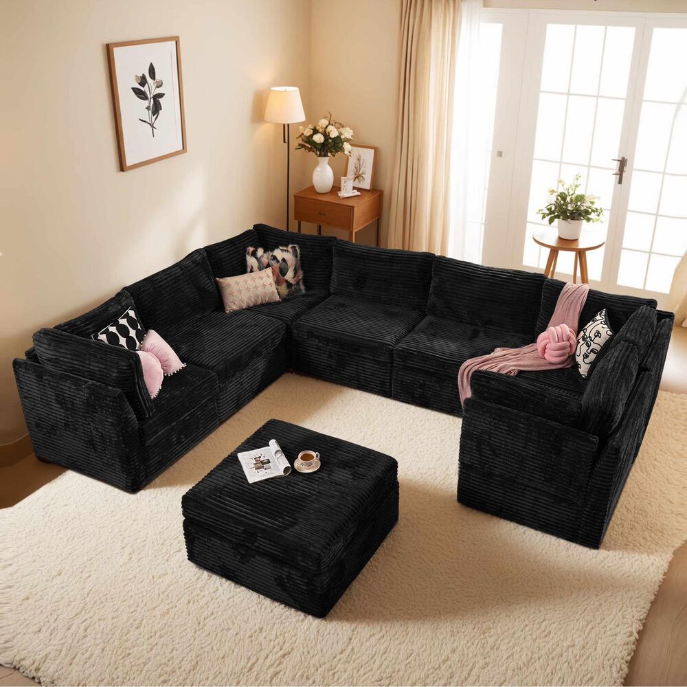 HOMLUX 8-Piece Mod U-Sectional with Chaise in Black, , large