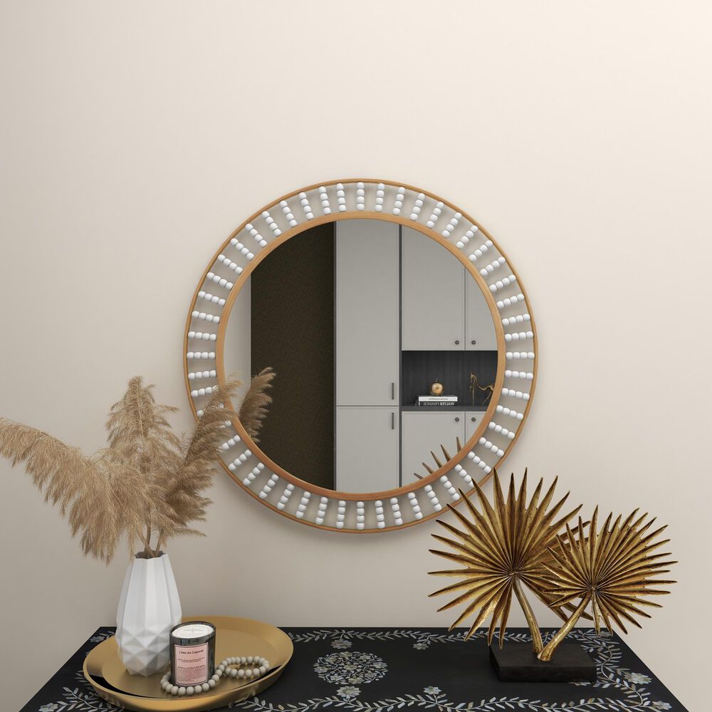 Maple and Jade 32&quot; Round Wall Mirror in Golden Brown and White, , large
