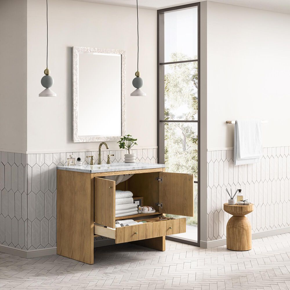 James Martin Vanities Hudson 36&quot; Single Bathroom Vanity in Light Natural Oak with 3 cm Carrara White Marble Top and Rectangular Sink, , large