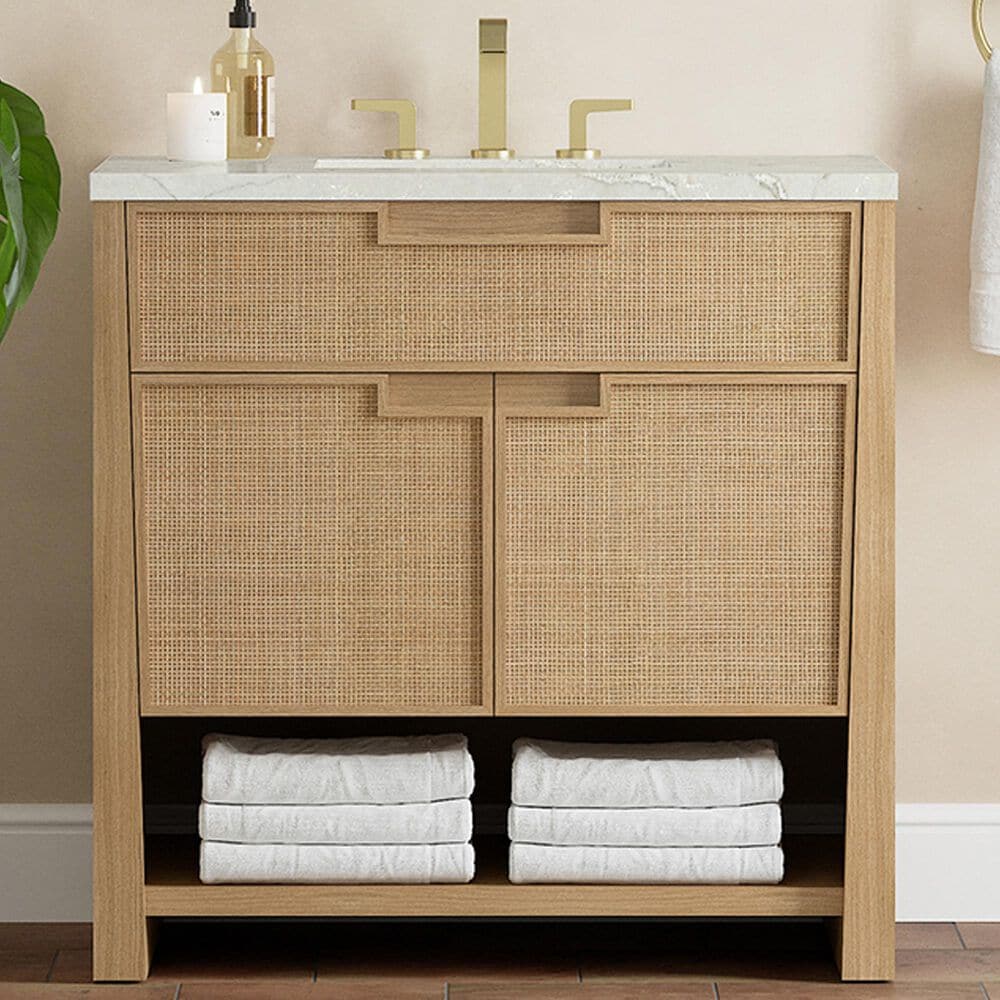 James Martin Vanities Solene 36&quot; Single Bathroom Vanity in Seaside Oak with 3 cm Victorian Silver Quartz Top and Rectangular Sink, , large