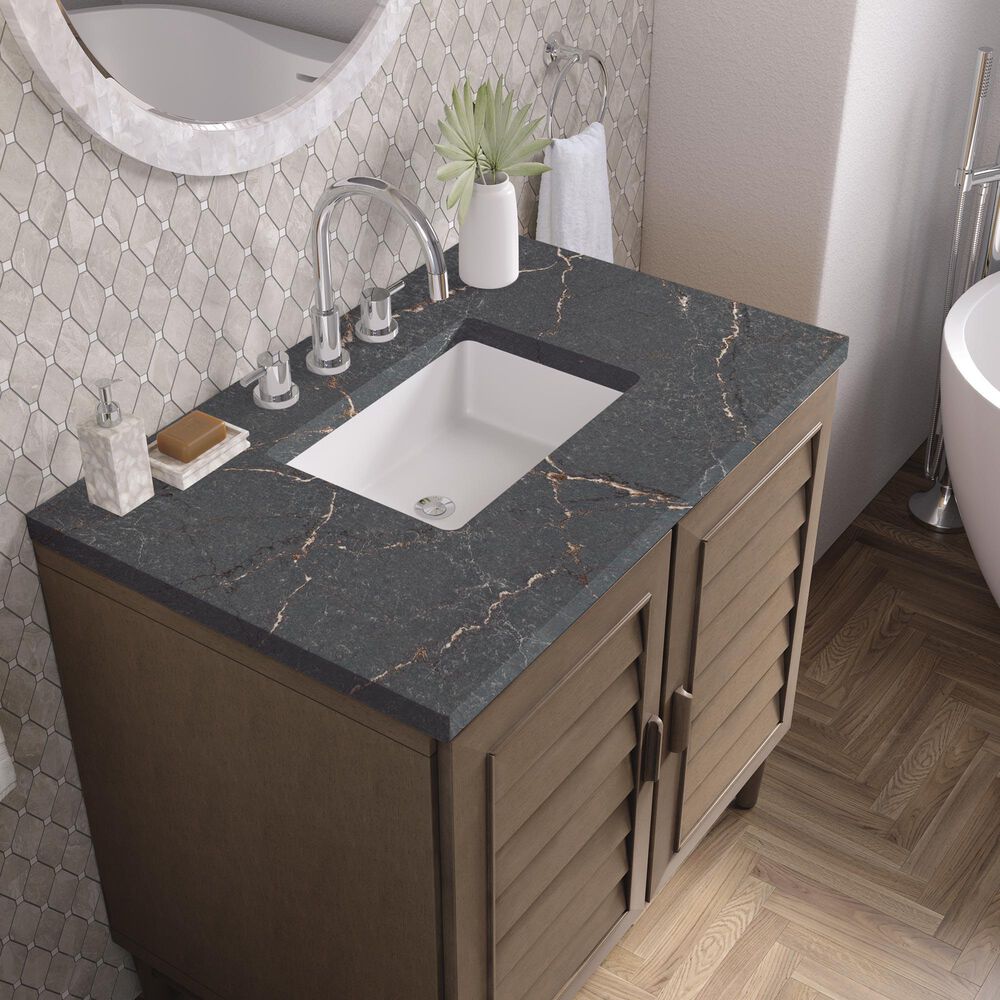 James Martin Vanities Portland 36&quot; Single Bathroom Vanity in Whitewashed Walnut with 3 cm Parisien Bleu Quartz Top and Rectangular Sink, , large
